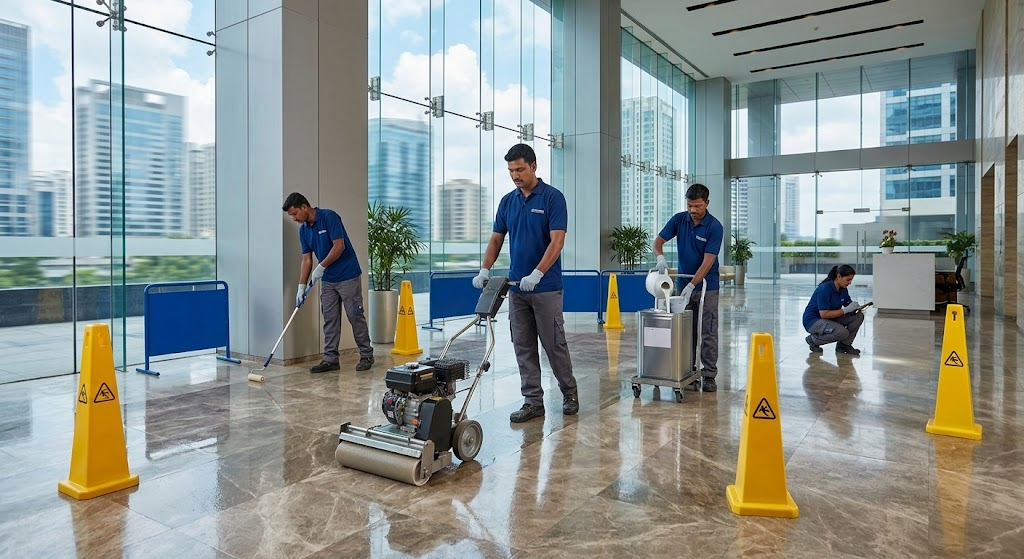 Lobby Stone Floor Scrubbing After